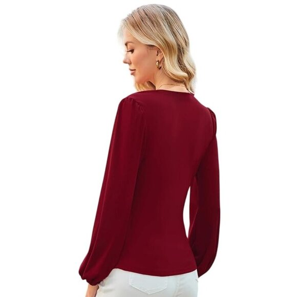 Grace Karin Wrap Blouse Size Medium Wine Red V Neck Long Sleeve Ruched Top - Picture 3 of 3